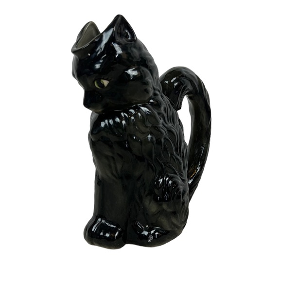 Vintage Art Vintage Ceramic Mcm Black Cat Vase Handle Green Eyes